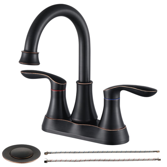 2-Handle 4-Inch Oil Rubbed Bronze Bathroom Faucet, Bathroom Vanity Sink Faucets With Pop-up Drain And Supply Hoses