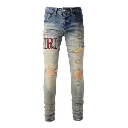 Amiri Jeans European And American Street Fashion Brand Pattern Embroidered Jeans Blue Stretch Skinny Jeans #888