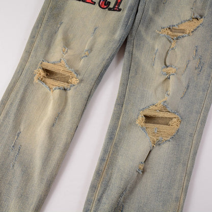 Amiri Jeans European And American Street Fashion Brand Pattern Embroidered Jeans Blue Stretch Skinny Jeans #888